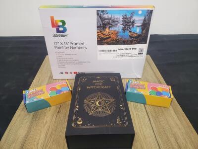 LedgeBay 12"x16" Framed Paint by Numbers Kit - Moonlight Bay (2) Boxes Of Fidget Worry Stones and a Box of Herbs