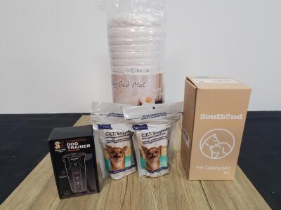 Assorted Dog Care Products: Bed Mat, Virbac Chews, Cooling Mat, Ultrasonic Trainer