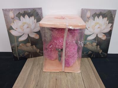ASENVER Pink Rose Bear 16" Gift Boxed, Lotus Flower Canvas Wall Art Pair 24"x16"