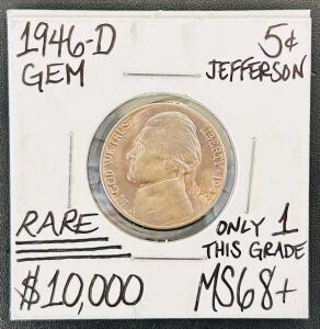 1946-D Jefferson Nickel, MS68+ Grade, Denver Mint, Felix Schlag Design, PCGS Guide $425