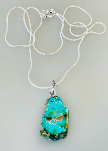 Sterling Silver Snake Chain Necklace With Large Rough Turquoise Slab Pendant .925 Stamped