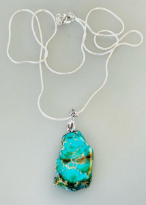 Sterling Silver Snake Chain Necklace With Large Rough Turquoise Slab Pendant .925 Stamped