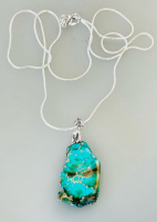 Sterling Silver Snake Chain Necklace With Large Rough Turquoise Slab Pendant .925 Stamped