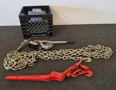 Chain Load Securement Set: 3/8" x 20' Steel Chain, Lever Load Binder 9,200 lbs, 2-Ton Winch Puller
