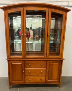 Elegant Cherry Finish China Cabinet With Glass Shelves And LED Lighting