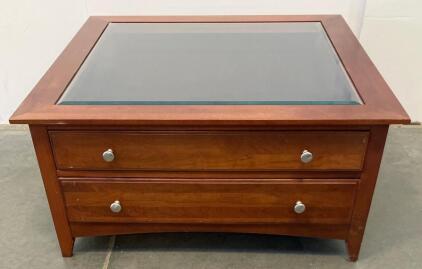 Square Coffee Table With Glass Top And Two Drawers, Medium To Dark Brown Finish (Conex 6)