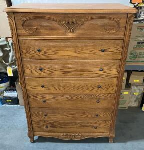 Traditional 7-Drawer Oak Tallboy Dresser With Carved Details