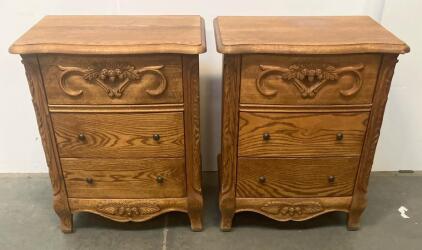 Pair Of Ornate Carved Oak 3-Drawer Nightstands, Traditional Style, 28"x18"x32"