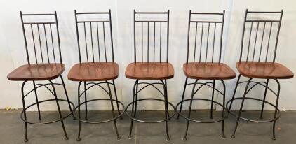 Set Of 5 Metal Frame Bar Stools With Wooden Seats, 30" Seat Height, Black Frame (Conex 6)