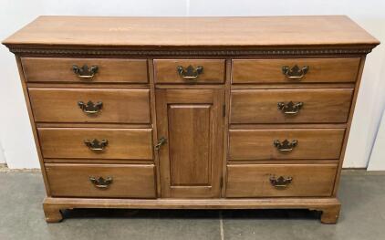Davis Cabinet Co Wattled Walnut 9-Drawer Double Dresser, Colonial Revival, Brass Pulls, 66"x20"x34"