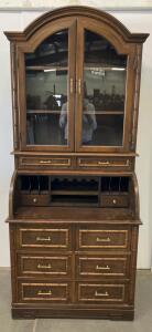 Arched Glass Door Secretary Hutch Cabinet, Multiple Drawers & Cubbies, 72"x44"x16", Wood