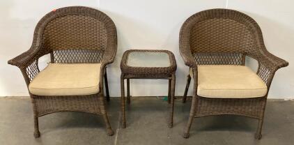 Brown Wicker 3-Piece Patio Set &ndash; 2 Armchairs with Beige Cushions & Glass Top Side Table