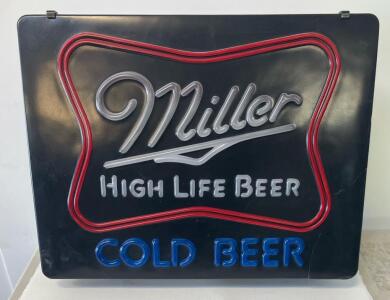 Vintage 1983 Miller High Life Cold Beer Lighted Sign, 30" x 18", Faux Neon Lighting