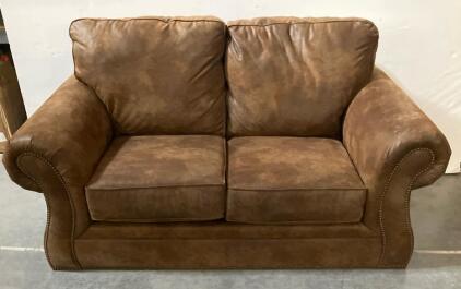 Brown Faux Leather Loveseat With Nailhead Trim And Rolled Arms