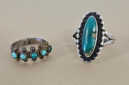 Vintage Southwest Sterling Silver Turquoise Rings, Oval and Five-Stone Set, Marked "Sterling"