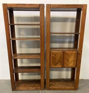 Pair Of Solid Oak Bookcases, Herringbone Door Cabinet, Adjustable Shelves