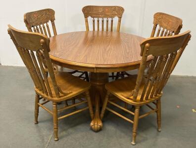 Round Oak Pedestal Dining Table Set With 2 Leaves And 6 Spindle-Back Chairs