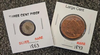 1853 Silver Three Cent Piece (Trime) & 1843 Braided Hair Large Cent - Original US Coins