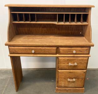 Oak Faux Roll Top Style Desk w/ 4 Drawers, 10 Organizer Pigeonholes, Vintage Glass Handles, 42"x23"x44"