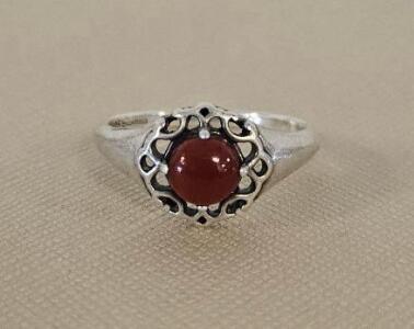 Sterling Silver Boma Ring with Carnelian Cabochon, Filigree Design, Size Not Marked, 925 Hallmarked