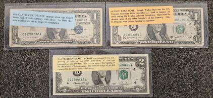 1957A Silver Certificate, 1963B Barr Note, 1976 Bicentennial $2 Bill