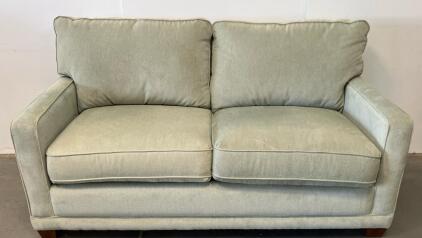 Light Green Loveseat with Track Arms and Wooden Legs, 57" W x 34.5" D x 38.5" H (Conex3)