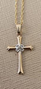 14K Gold Cross Necklace with Diamond Cluster Center, Rope Chain, Spring Ring Clasp, 18"