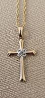 14K Gold Cross Necklace with Diamond Cluster Center, Rope Chain, Spring Ring Clasp, 18"