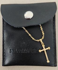 14K Gold Cross Pendant Necklace, Rope Chain, Sylvian Grace, Marked Peru, 18" Length