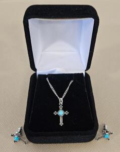 Sterling Silver and Turquoise Cross Necklace with Matching Earrings Set