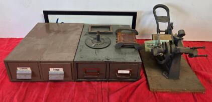 L.S. Starrett Bookbinding Press Clamp Size 63X6, Vintage Cast Iron, c.1900&ndash;1950, Wood Base