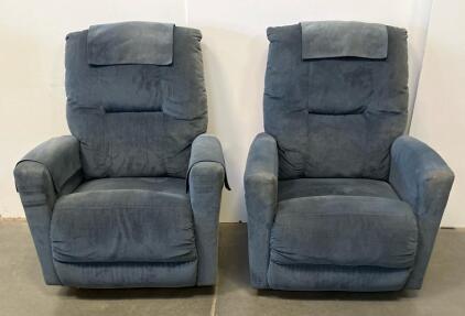 Pair Of Manual Recliner Chairs, Blue/Grey Upholstery, Lever-Activated Recline 42&rdquo;x30&rdquo;x31&rdquo; (Conex1)