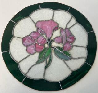 Round Floral Stained Glass Panel, 18" Diameter, Pink and White Flower Motif, Green Border