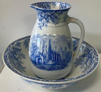 W.T. Copeland & Sons Blue Transferware Pitcher and Wash Basin, England, c. 1867&ndash;1970