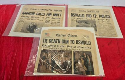 1963 JFK Assassination Newspapers Chicago Tribune & American Lot, Oswald Headlines, Originals
