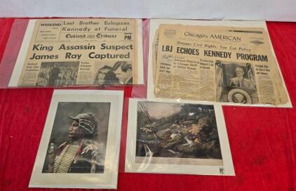 Historic 1960s Newspaper Lot & Antique Prints &ndash; Kennedy, King Headlines, Sioux Chief Portrait