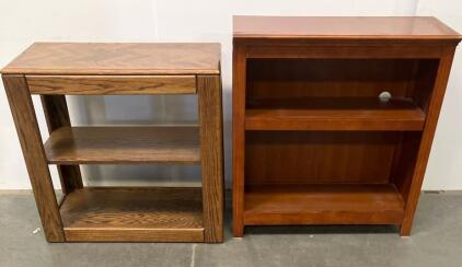 Pair of Wooden Bookcases, Oak & Cherry Finish, 30-32" Wide, 2-Shelf Units, Cable Hole Feature
