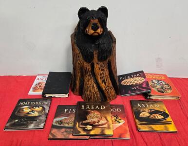 Chainsaw-Carved Wooden Bear Sculpture ~20" Tall with 9 Cookbook Lot Williams-Sonoma, Betty Crocker