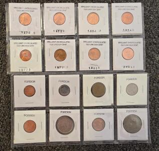 Lincoln Cent Brilliant Uncirculated Set w/ Foreign Coins, Mixed Coins, Album Holders