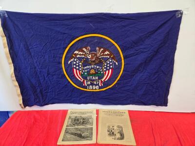 Antique Frank Leslie&rsquo;s 1856 Newspaper & 1904 Scientific American with Vintage Utah State Flag