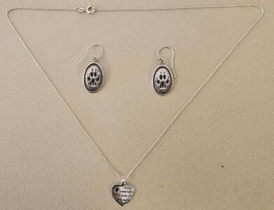 Sterling Silver Paw Print Heart Necklace & Paul Wagner Oval Dangle Earrings Set