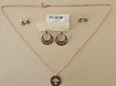 Wheeler Copper Jewelry Set &ndash; 1967 Penny Cross Pendant Necklace & 3 Pairs Earrings, Made in USA