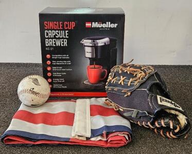 Mueller KC-21 Single Serve Capsule Coffee Brewer, 10 oz Capacity, One-Touch Start, Auto Shut-off (tested, works), Franklin Baseball Mitt, Baseball and American Flag