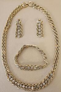 Gold Tone Rope Chain Necklace, Bracelet, and Earrings Set with Clear Stones, Vintage Style