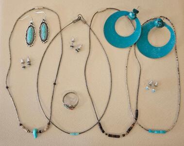 Southwestern Jewelry Lot: Turquoise Heishi Necklaces, Earrings, Ring