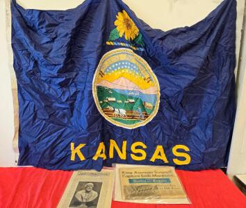 Kansas State Flag (5'x3', Nylon) & Historic Newspapers: 1894 Scientific American, 1968 Oakland Tribune