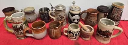 Mixed Collection of Budweiser Beer Steins, Pottery Mugs, Wolf and Wildlife Themes, Mortar & Pestle
