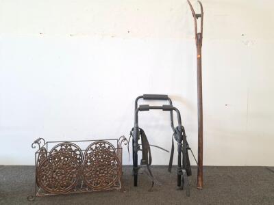 Antique Rajasthan India 2-Tine Pitchfork &ndash; Hardwood Handle, Iron Tines, 68in, Medallion Marked, metal scrollwork basket. Bike rack.