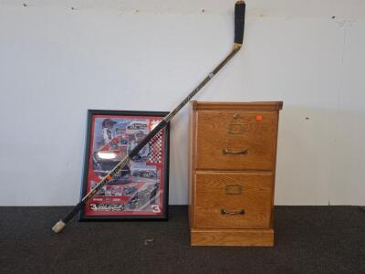 Solid Oak 2-Drawer File Cabinet with Locking Top Drawer and Metal Handles, Dale Earnhardt wall art. Hockey stick