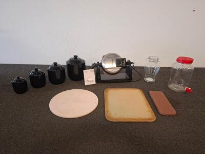 Set of 3 Baking Stones &ndash; 14" Round Pizza, 15"x12" Rectangular, 11"x4" Bread Warming Stone, Hamilton Beach waffle maker, ( powered on) canisters set and more
